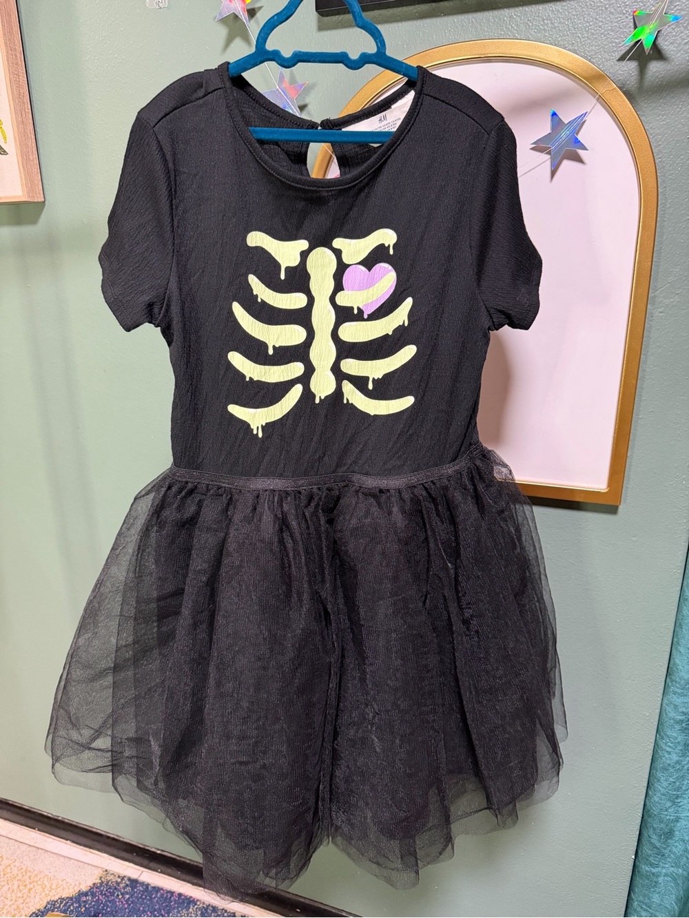 H&M Girls Black Halloween Glow-in-the-Dark Skeleton Tulle Dress Size 8/10 Medium